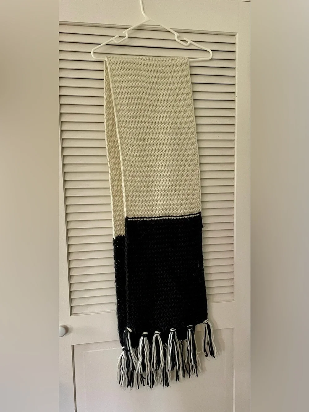 Chunky Knit Color Block Scarf, Cream & Black, Fringe Detail